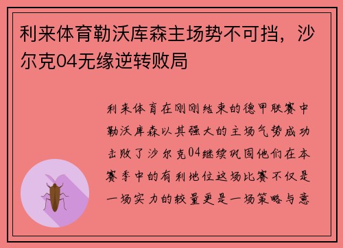 利来体育勒沃库森主场势不可挡，沙尔克04无缘逆转败局
